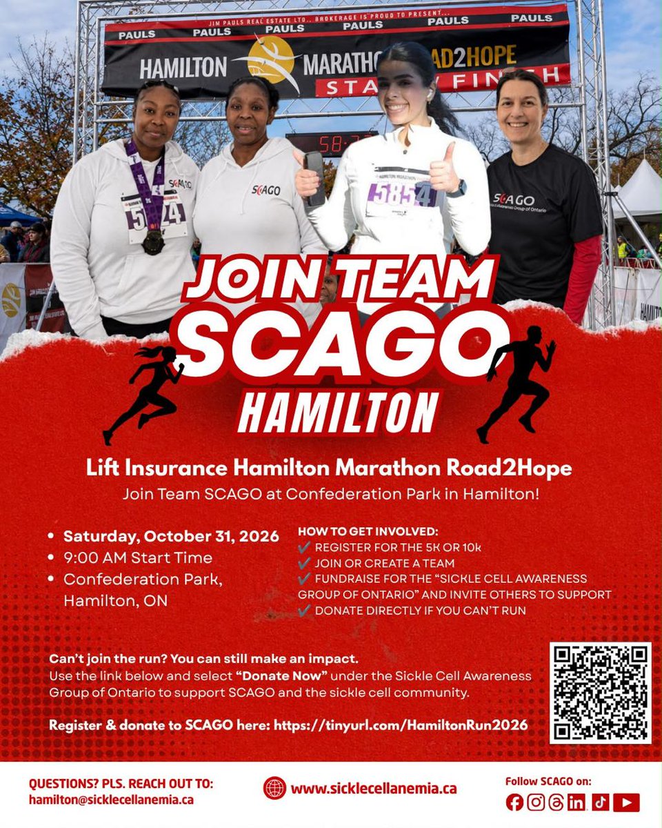 SCAGOSCD's tweet photo. 🏃‍♀️ Join #TeamSCAGO at the #Hamilton5K on Oct. 31!

Run, walk, fundraise or donate for the sickle cell community. Raise $2,000 for a chance to win a roundtrip @WestJet flight for two, with an extra entry for every $500 raised!

🔗 https://t.co/WlSjK7O64W

#SickleCellAwareness https://t.co/U4wcnoj1TX