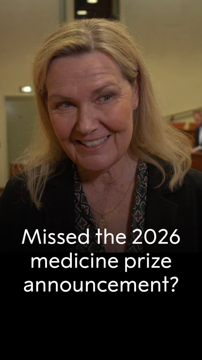 A woman with blonde hair smiles at the camera in what appears to be a formal setting, with overlay text reading "Missed the 2026 medicine prize announcement?" promoting a video highlight reel of the 2026 Nobel Prize in Physiology or Medicine announcement for laureates Karl Deisseroth, Peter Hegemann, and Georg Nagel.