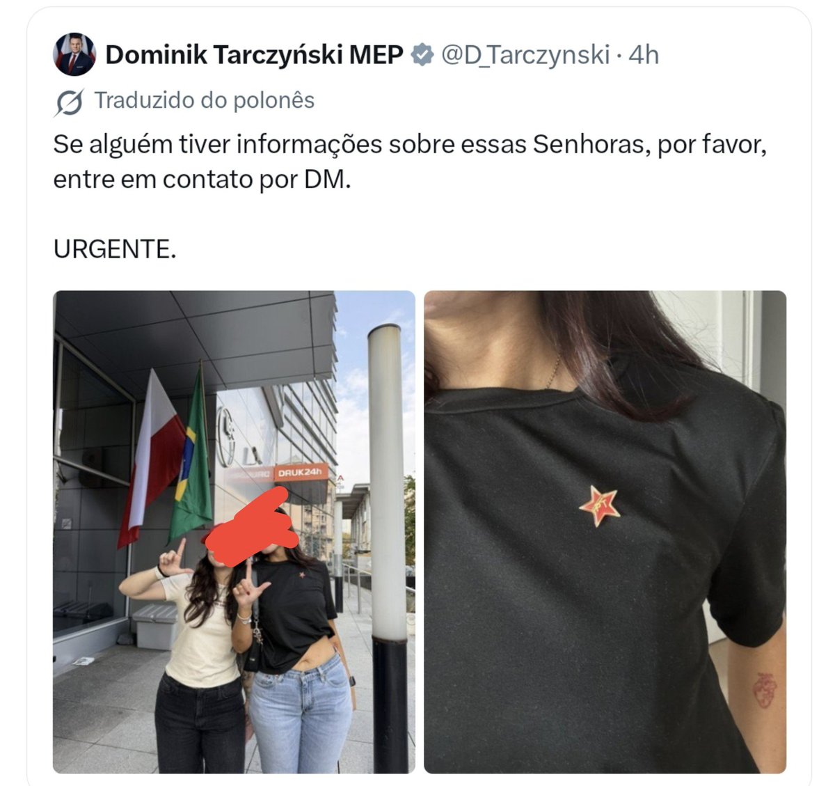 fiscaldofim's tweet photo. TRISTE FIM DE UMA PETISTA!

- Vá para a Polônia atrás de uma vida melhor.
- Arrume um bom emprego, provavelmente o maior salário da sua vida.
- Não mude a cabeça. Continue divulgando a esquerda, o PT e o comunismo.
- Poste uma foto com a estrela vermelha, em frente à embaixada.
- O post viraliza. 
- Políticos locais são marcados.
- Na Polônia, promover o comunismo pode dar multa ou prisão.
- Um eurodeputado @D_Tarczyński republica a foto e pede informações.
- Você é descoberta e corre o risco de ser deportada

FIM!