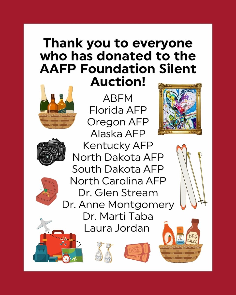 AAFPFoundation's tweet photo. A huge thank you to everyone for their generous donations. The auction goes live October 8 at COD and #AAFPFMX in Nashville + online. Stay tuned! https://t.co/1MLzMg0wSv