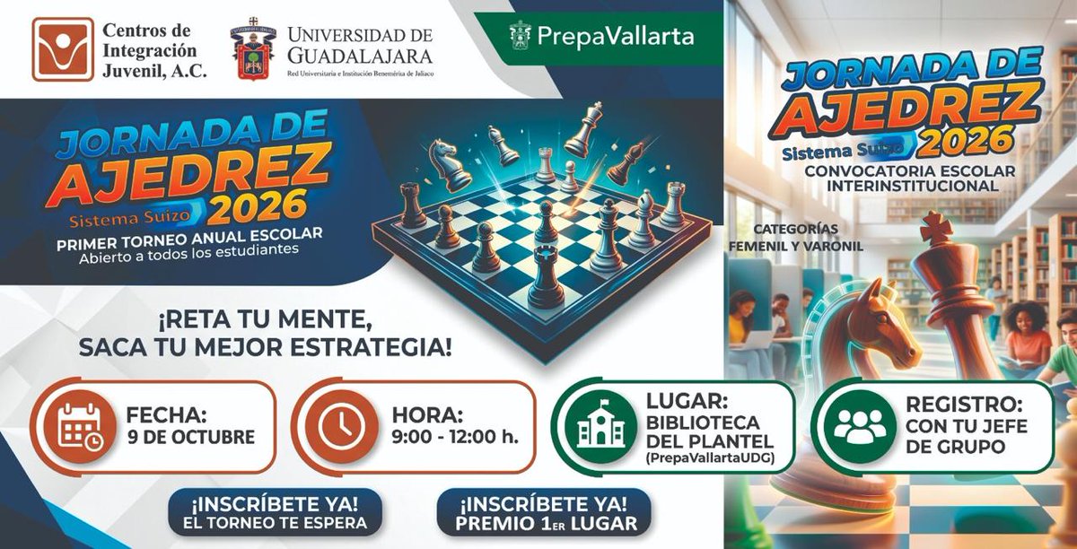 PrepaVallartUDG's tweet photo. ♟️✨ ¡Llega la Jornada de Ajedrez Sistema Suizo 2026!

Pon a prueba tu mente, estrategia y habilidades en el Primer Torneo Anual Escolar de Ajedrez, abierto a todas y todos los estudiantes🧠♟️ https://t.co/UczesPmYSR