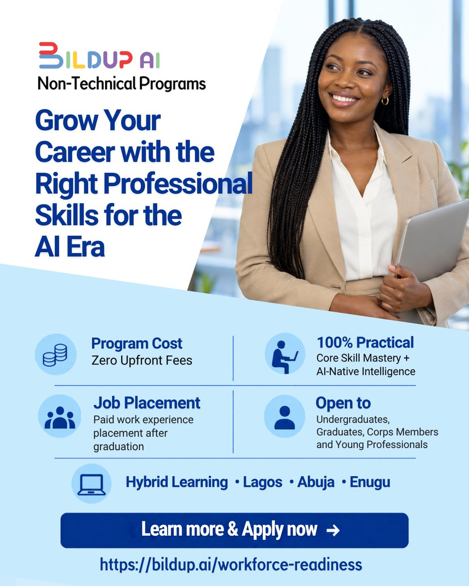 BildupAI's tweet photo. Grow your career with the right professional skills for the AI era ✨

Bildup AI’s Non-Technical Programs: practical learning, AI-native intelligence and zero upfront fees.

Explore the programme &amp; apply:
https://t.co/Ehu41RrEZG

#BildupAI https://t.co/3cFvpQ9N3S