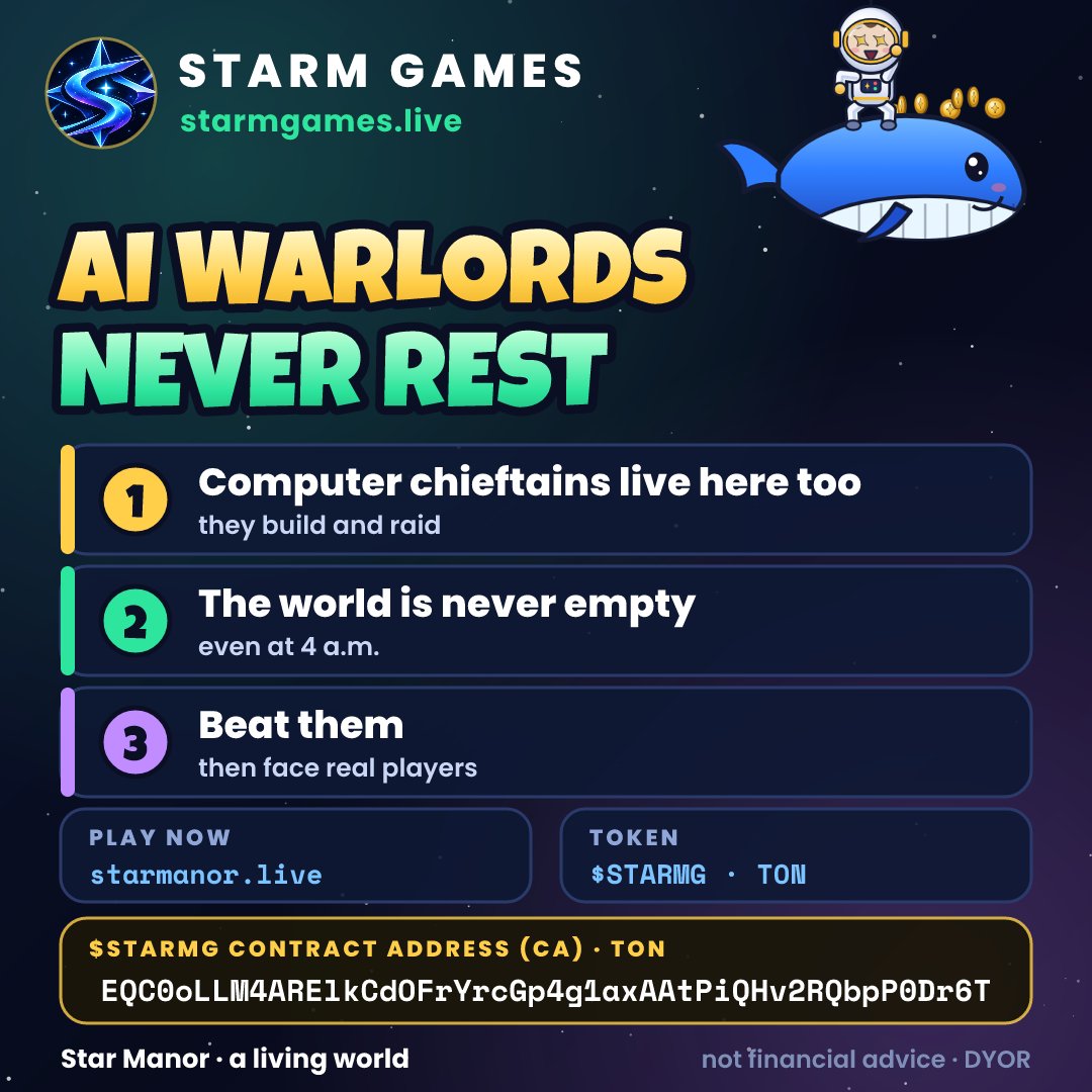 StarMerchant_Li's tweet photo. 👑 The world of Star Manor is never empty: computer warlords build, raid and defend alongside real players. Beat them first — then go for the humans.

▶ https://t.co/x0QK2noUof

Part of STARM Games — one token: $STARMG
#TONblockchain #indiedev #polskiegry #cryptogaming https://t.co/1qUkgbGluP