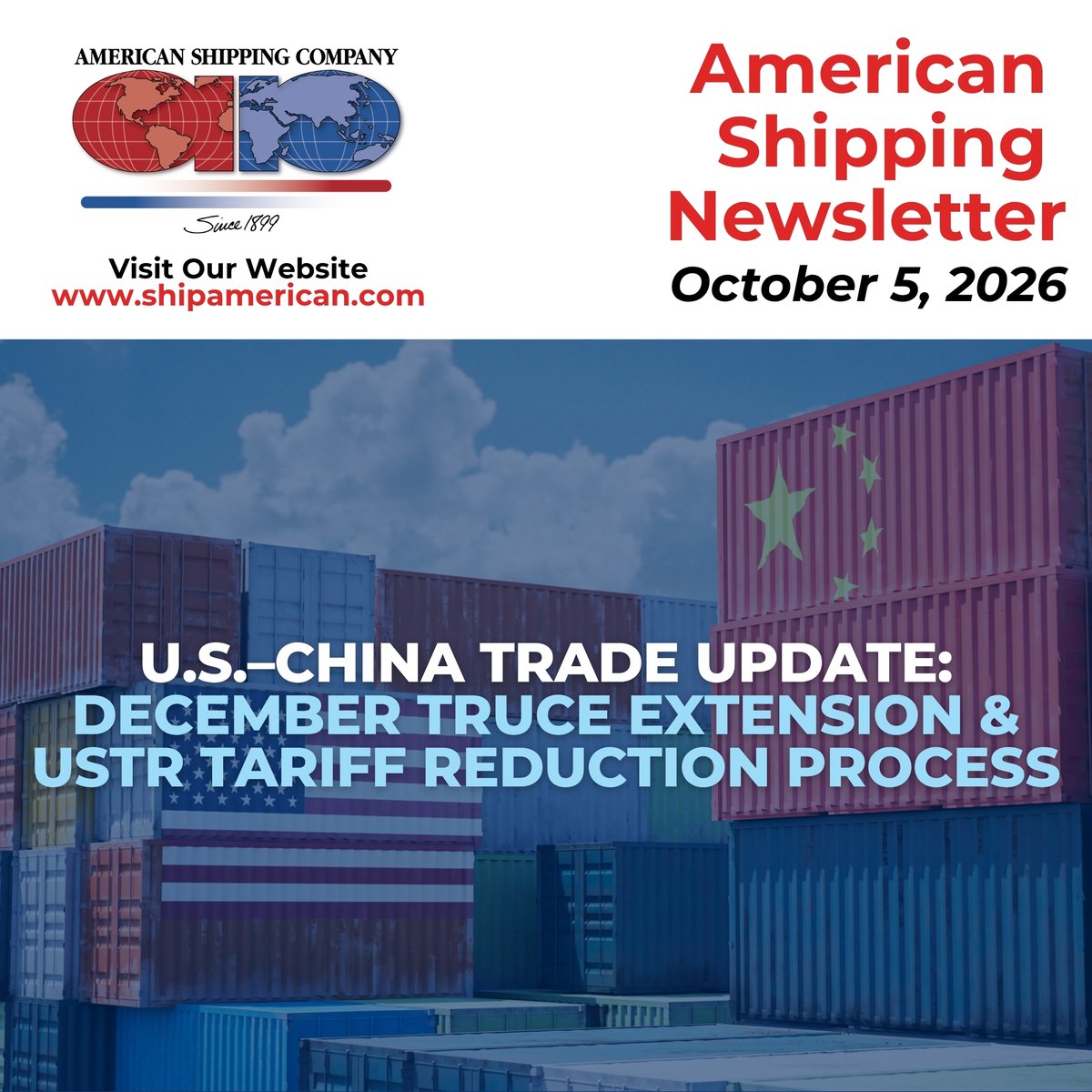 AmericanShipNJ's tweet photo. U.S.-China trade truce extended! Key updates for importers: tariff reductions, new UFLPA enforcement, and ongoing uncertainty. Stay informed! Read the October Supply Chain Gazette: https://t.co/kcNpYcOvQ2 #InternationalTrade #SupplyChain #Importers #CustomsCompliance https://t.co/OEzKPvgfwH