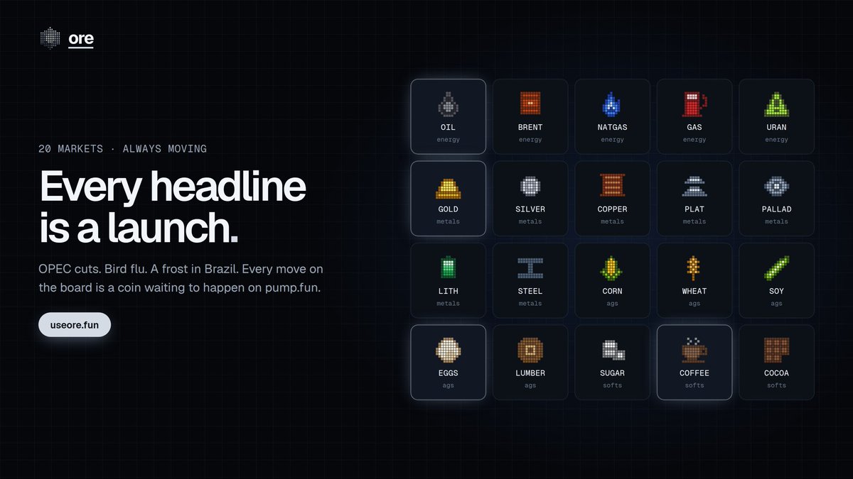 useorefun's tweet photo. memecoins have always needed a narrative. most run out of one by day two.

ore never does.

20 commodity markets that move every single day. OPEC cuts. bird flu. a frost in brazil. every headline is a fresh reason to launch, and every coin carries its market's live price.

the news is the narrative. and the news never stops.

https://t.co/nrfHtqWEbs