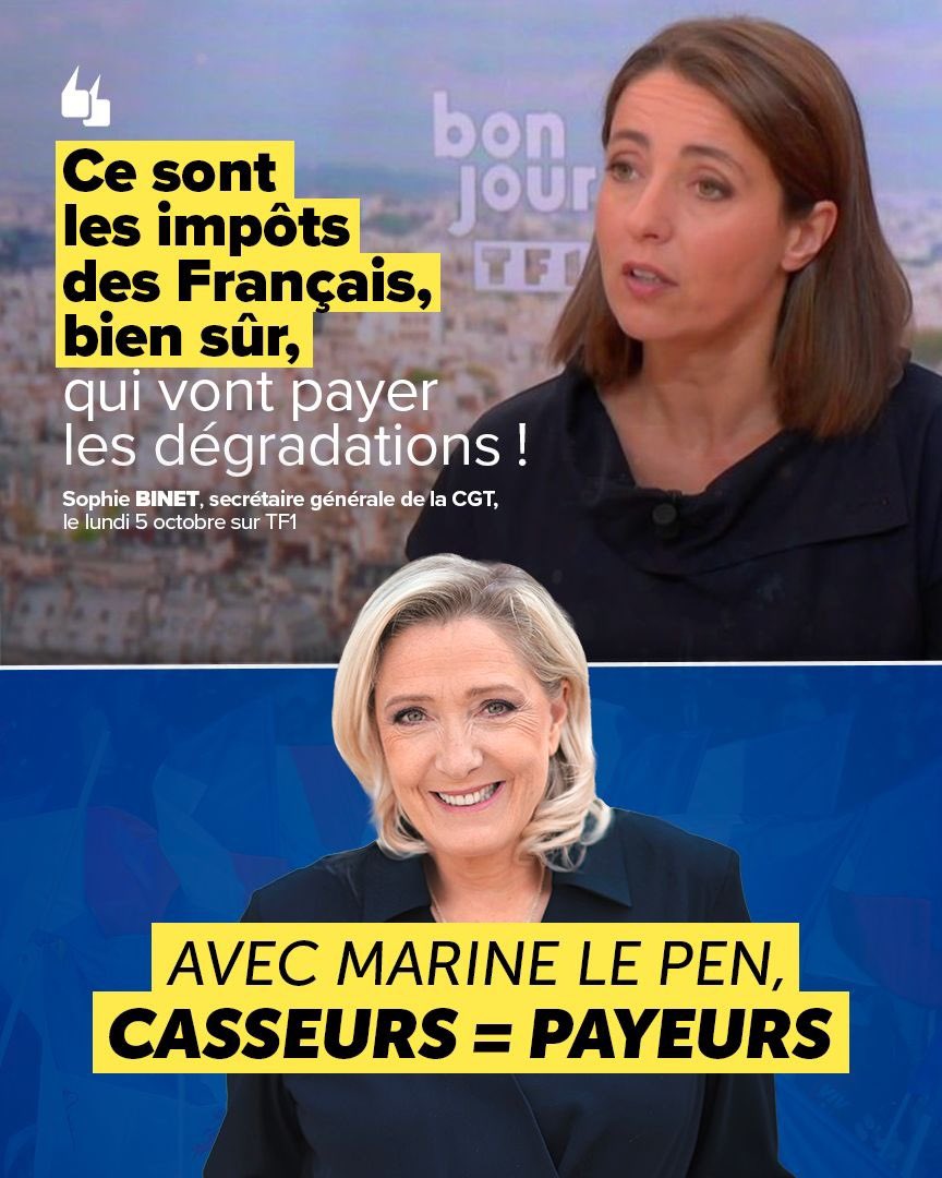 RNational_off's tweet photo. La CGT veut vous faire payer les émeutes.

Avec Marine, les délinquants recevront la facture.

➡️ https://t.co/JDZbwAHNml https://t.co/Ed8ZLMZ2wv