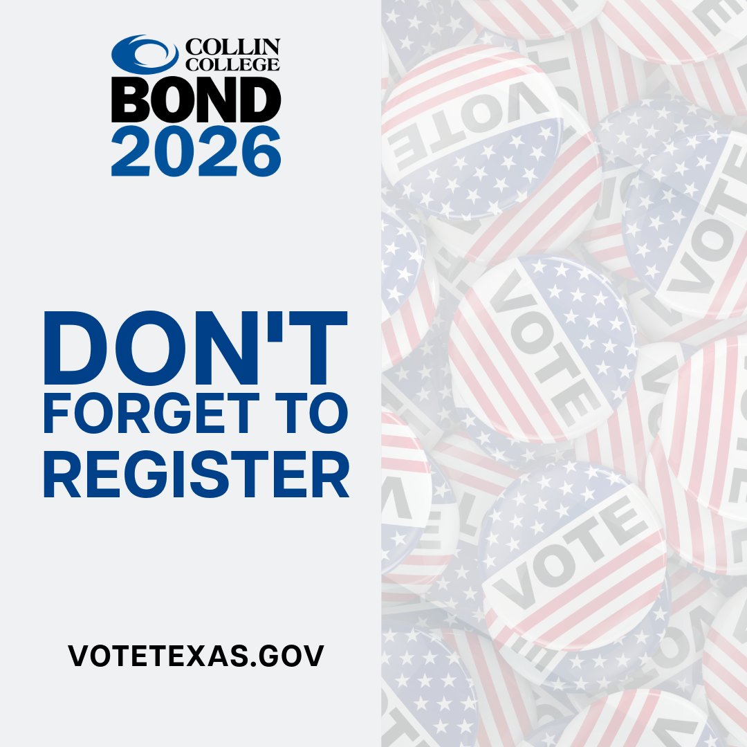collincollege's tweet photo. 🗳️ Oct. 5, 2026, is the final day to register to vote or update voter registration information before the election.

To register, verify your voter registration status, or make updates to your information, visit https://t.co/g0gsFxes30 https://t.co/3I3Tj0wcRr