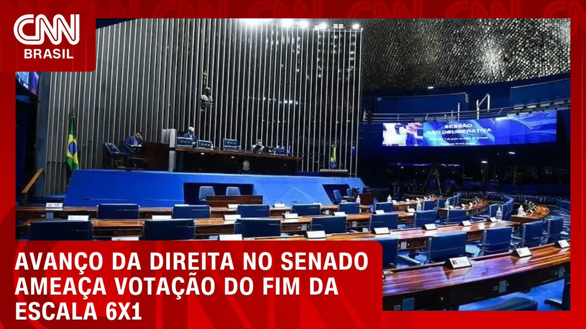 A CNN Brasil news graphic showing the Brazilian Senate chamber with the headline "AVANÇO DA DIREITA NO SENADO AMEAÇA VOTAÇÃO DO FIM DA ESCALA 6X1" (Right-wing advance in the Senate threatens vote on ending the 6x1 work scale), featuring a screen that reads "SESSÃO NÃO DELIBERATIVA," aligning with the post about right-wing progress jeopardizing the government's push to end the 6x1 work schedule.