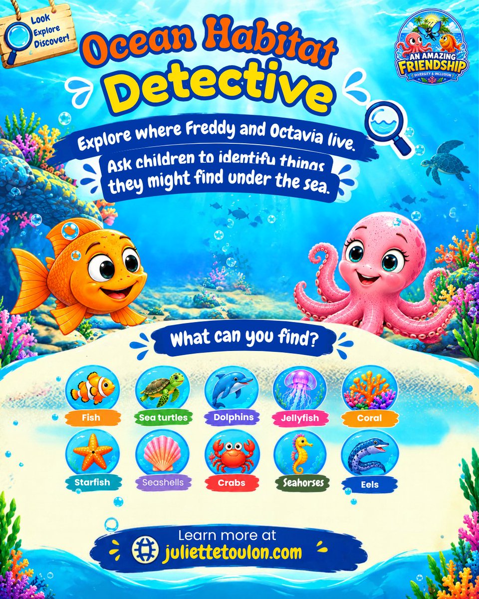 julietteauthor's tweet photo. 🔍🌊 Become an Ocean Habitat Detective! Can your little explorer spot the creatures that live under the sea with Freddy and Octavia? 🐠🐙

Discover more at https://t.co/DwuHFXqW8A.

#AnAmazingFriendship #KidsLearning #OceanActivity #ChildrensBooks #LearningIsFun https://t.co/DEzsI9Vn6D