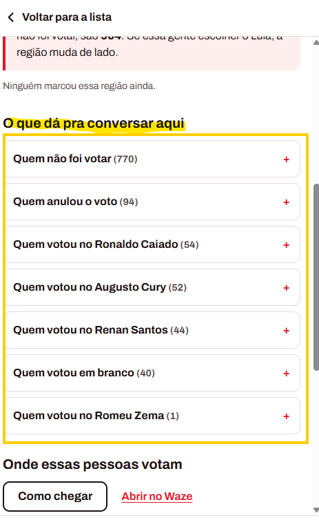 maryakira's tweet photo. Não sei quem fez, mas muito legal esse site.

Ele mostra no raio onde você está quantas pessoas deixaram de votar e com base na quantidade de votos de outros candidatos (ou nulos/brancos) quantos votos são passíveis de "conversão" e qual abordagem utilizar
https://t.co/dhoXSIPYbO https://t.co/Z2GJNMQNqw