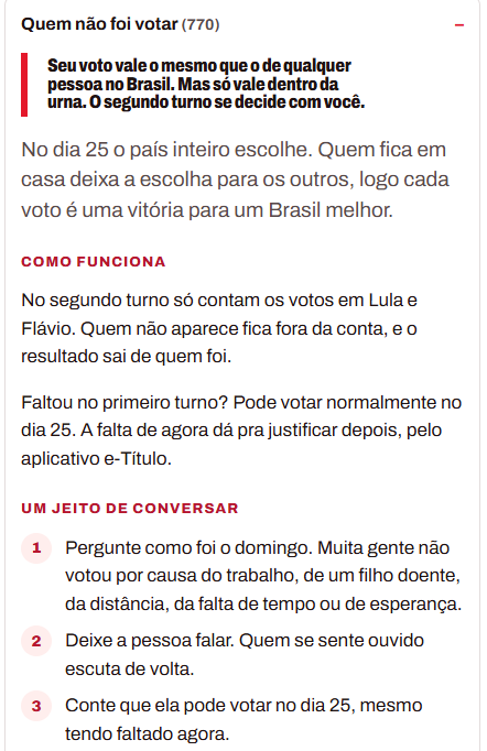 maryakira's tweet photo. Não sei quem fez, mas muito legal esse site.

Ele mostra no raio onde você está quantas pessoas deixaram de votar e com base na quantidade de votos de outros candidatos (ou nulos/brancos) quantos votos são passíveis de "conversão" e qual abordagem utilizar
https://t.co/dhoXSIPYbO https://t.co/Z2GJNMQNqw