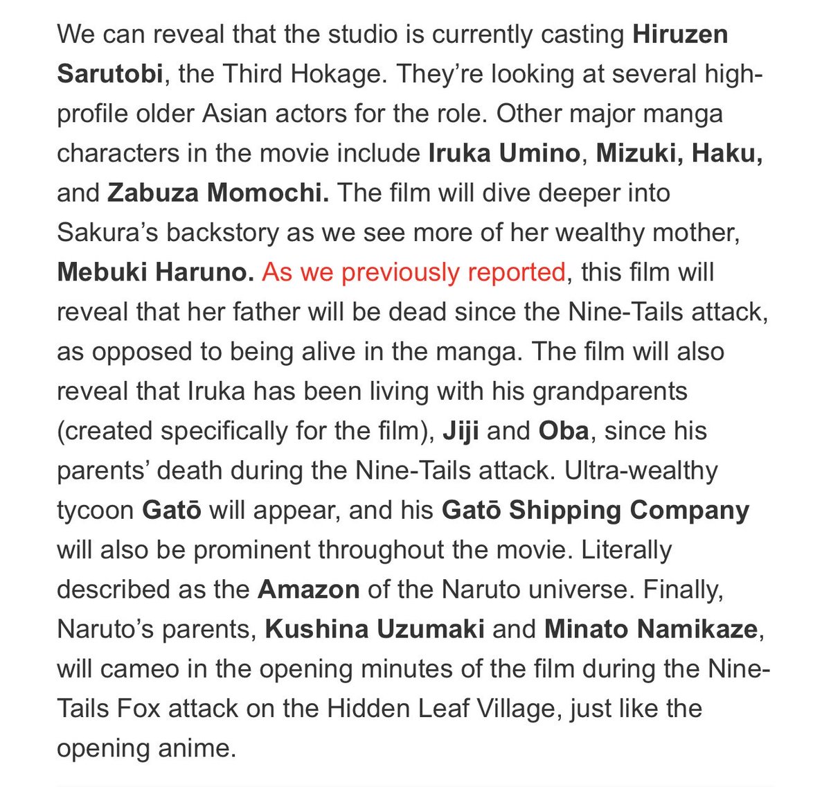 yurisasusaku's tweet photo. Characters confirmed to appear in the new Naruto movie: 
Naruto, Sasuke, Sakura, Kakashi, Gato, Zabuza, Haku, Minato, Iruka, Kushina, Hiruzen, Kakashi &amp; Mebuki Haruno‼️‼️ https://t.co/LvOXtm30yU