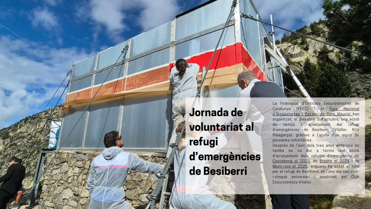 FEEC_cat's tweet photo. 🏠 El refugi d'emergències de Besiberri ha estat el protagonista d'una 👷‍♀️👷‍♂️ nova jornada de voluntariat. 

El refugi ja torna a estar disponible, 🚨 en cas d'una emergència a la muntanya, gràcies a un equip de voluntaris i voluntàries. 

🔗 https://t.co/YpB1vxpJoe

#sentlamuntanya #sommuntanya #refugisfeec