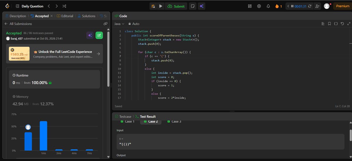 nets_456's tweet photo. Day 03:

Two LeetCode problems today: 350 &amp; 856.
> 350 made me think about frequency maps and handling duplicates properly.
> 856 was all about using a Stack to break down nested parentheses(little confusing one).
 #DSA https://t.co/HFPT56BepE