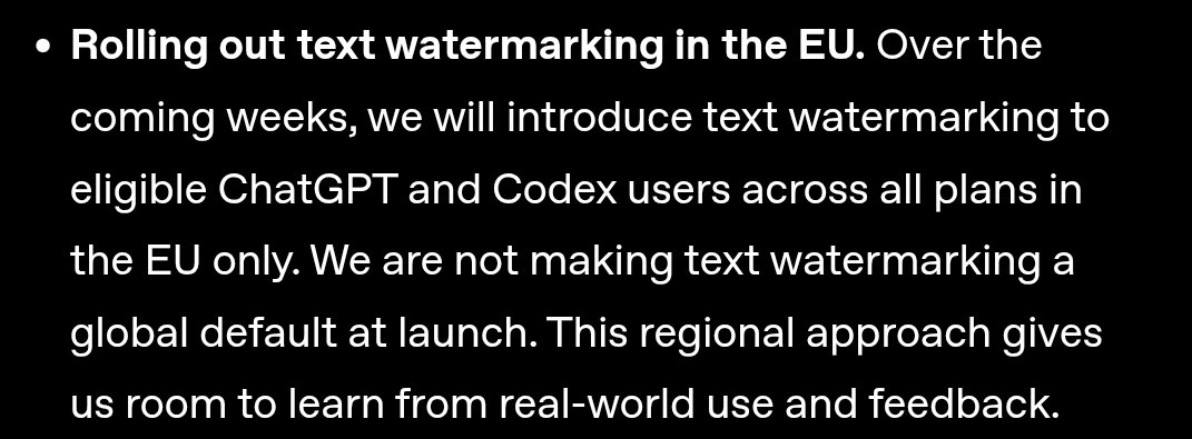 babayagatwt's tweet photo. OpenAI to the EU:

Advanced Voice? Later
Sora? Later
Dots on Pro? Not yet
Text watermarks? You're first https://t.co/S86TLDbCTK
