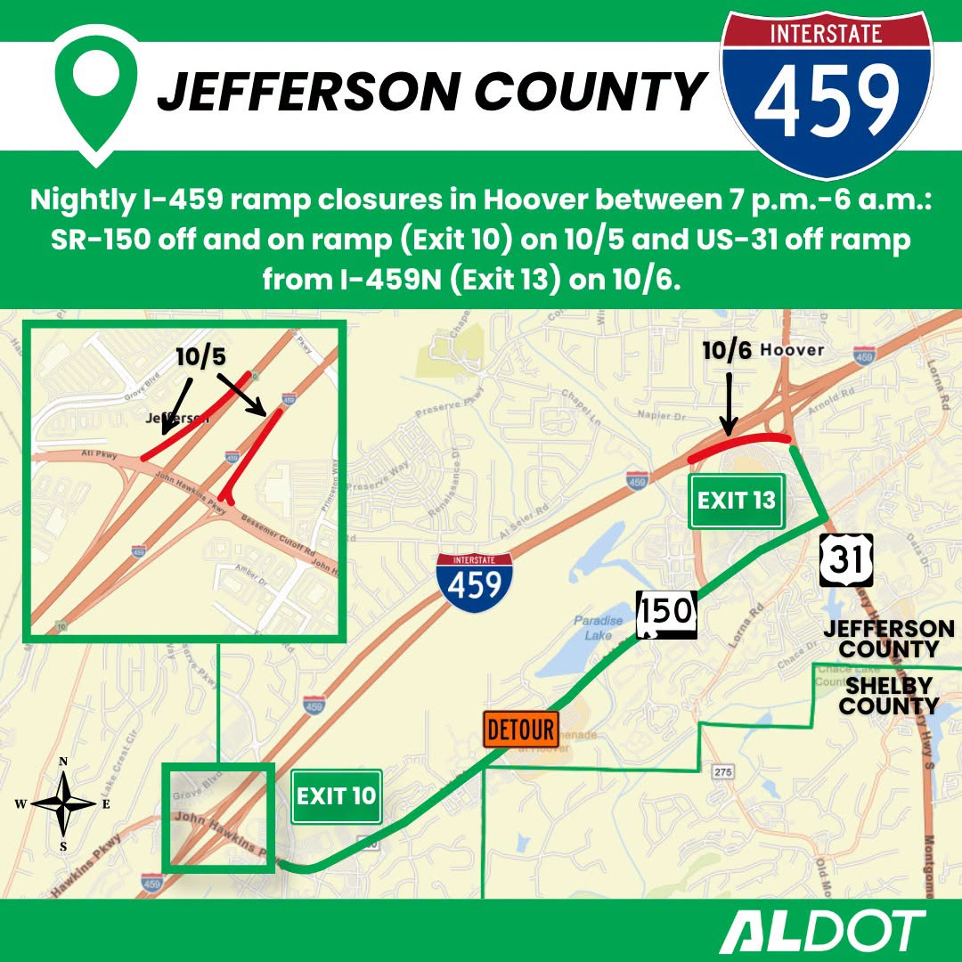 HooverPD's tweet photo. Traffic Advisory
I-459 ramp closures for Oct 5 & 6
#hooverpd https://t.co/U9tzDAOrHI
