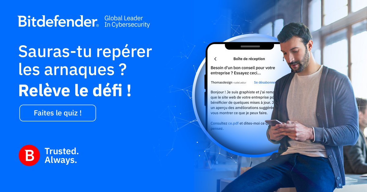 BitdefenderFR's tweet photo. Saurez-vous démasquer les arnaques ? 
9 personnes sur 10 se trompent au moins une fois. 
Pensez-vous pouvoir faire mieux ?
