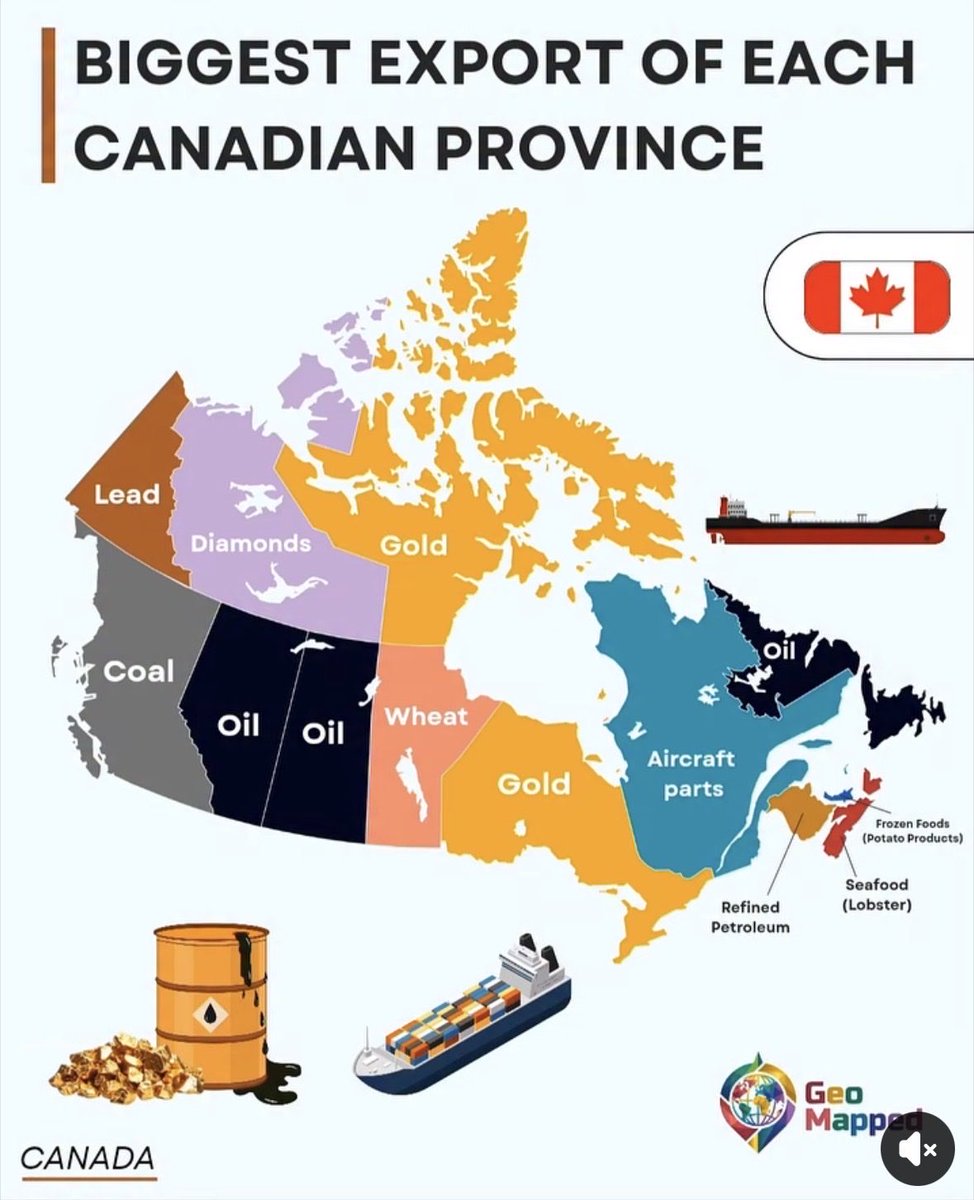 ExnerPirot's tweet photo. Biggest export of each Canadian province and territory 🛢️⛏️🌾🦞 https://t.co/znbaj3chAM