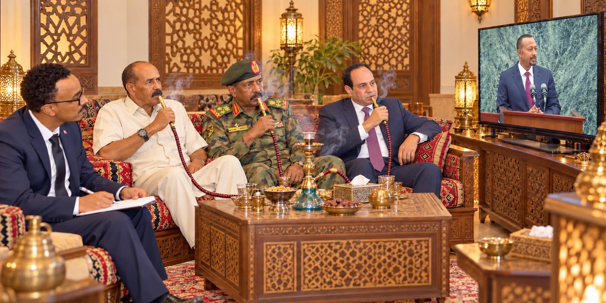 DanielsonKassa1's tweet photo. 🚨 Leaked image from Al-Ittihadiya Palace in Cairo—el-Sisi, Burhan and Eritrea’s Afewerki watching Abiy’s address to Parlament earlier today. The note taker appears to be Abraham Afewerki, son and heir of the Dictator.😆 https://t.co/N8LH8mxxFe