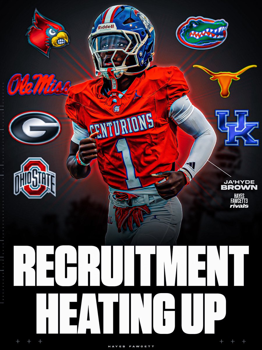 Hayesfawcett3's tweet photo. NEW: Louisville WR commit Ja’Hyde Brown’s recruitment is heating up 👀

Florida, Texas, Ohio State, Georgia, Ole Miss and Kentucky are all pushing for a flip

He remains “100% committed,” but is currently on a visit to Florida and plans to visit Texas too

https://t.co/oetkDQ71JT https://t.co/bLuHqS6W1E