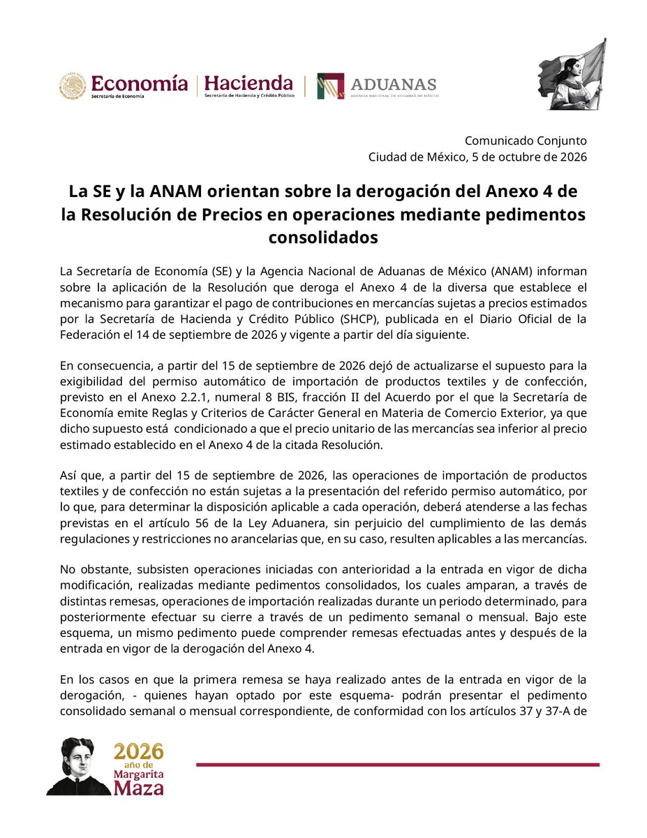 SE_mx's tweet photo. #ComunicadoEconomía - @AduanasMx 🗞️

La SE y la ANAM orientan sobre la derogación del Anexo 4 de la Resolución de Precios en operaciones mediante pedimentos consolidados

🔗 https://t.co/qBRvieRZJf https://t.co/T3lsy477tI