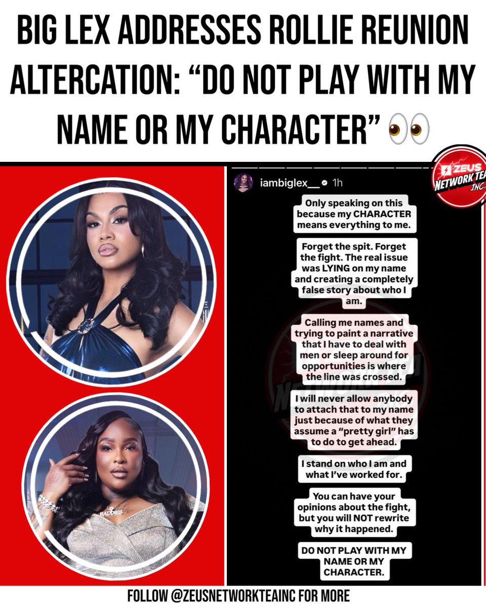 zeusteainc_'s tweet photo. Big Lex speaks out about her reunion altercation with Rollie, saying the real issue was false claims about her character.  #BaddiesUSA https://t.co/1H48vtLwHa