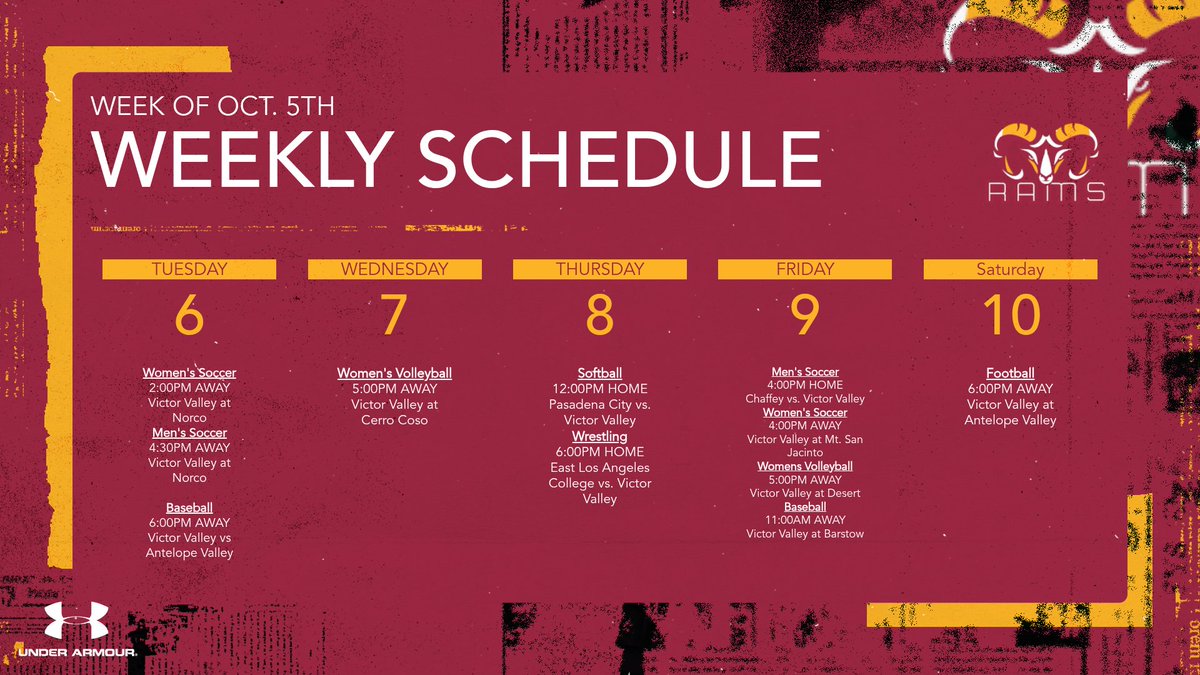 VVC_RAMS's tweet photo. 🐏 THIS WEEK IN RAMS ATHLETICS!

Here’s what’s coming up for the week of October 5!

🏠 Come out and support the Rams at home
 🚌 Root for us on the road

No matter where we compete, Ram Nation is behind us! 🔥

#GoRams #VVCAthletics #RamFamily#HornsUp🤘 https://t.co/zirT4iSaNH