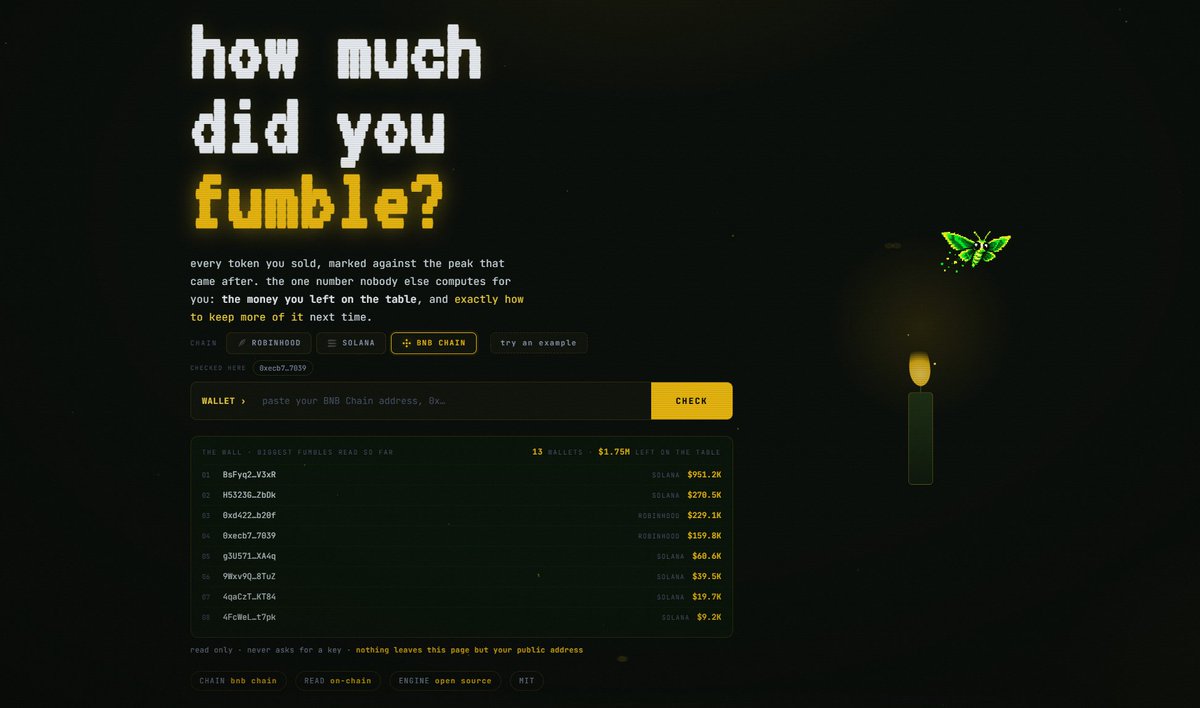fomoth_fumble's tweet photo. FOMOTH reads BNB Chain now.

Paste a 0x wallet, get every sell it ever made, each one marked against the peak that came after it. Not the peak of all time. The peak after you were already out.

BSC is the right place for this. Look at what the trenches did this week:

AIKOL +23,221% 
BNBSZN +98,119% 
제로 +4,067% 
MOON +955%

Nobody held those. People took their 3x and watched the rest happen without them. That gap has a number, and now you can see yours.

https://t.co/mHURQwSmtm

Three chains live: solana, bnb chain, robinhood chain.