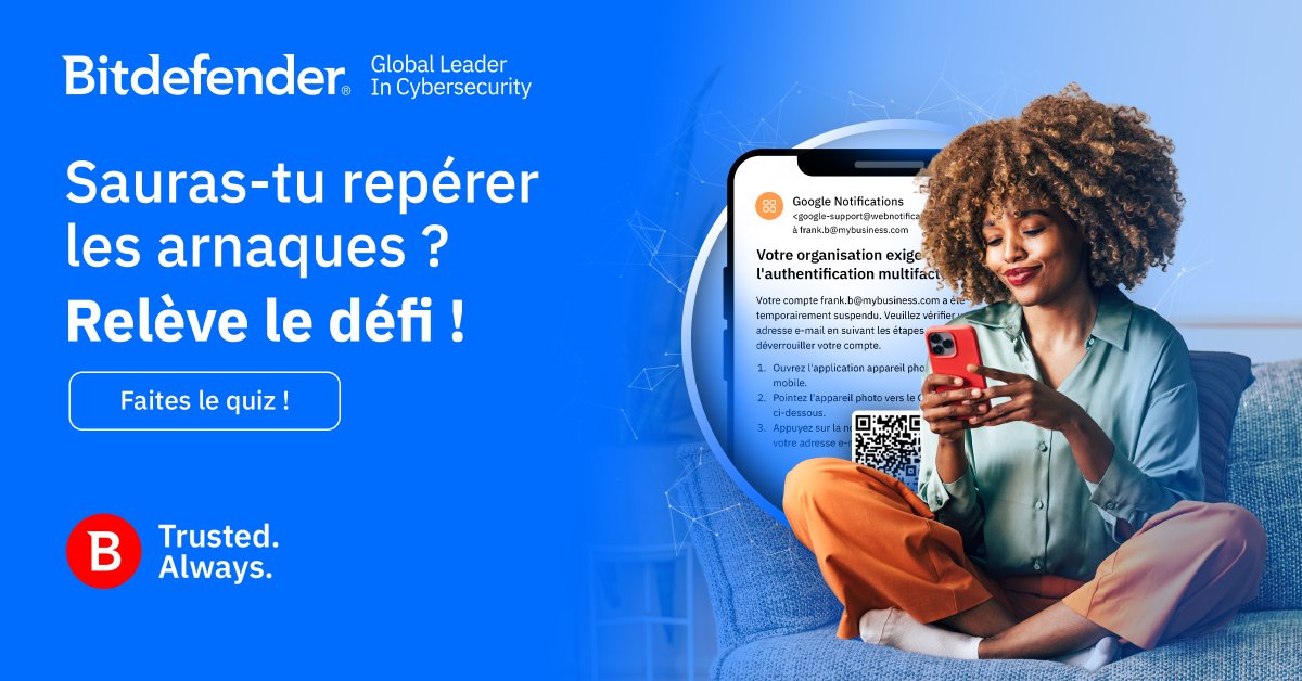BitdefenderFR's tweet photo. Saurez-vous démasquer les arnaques ? 
9 personnes sur 10 se trompent au moins une fois. 
Pensez-vous pouvoir faire mieux ?