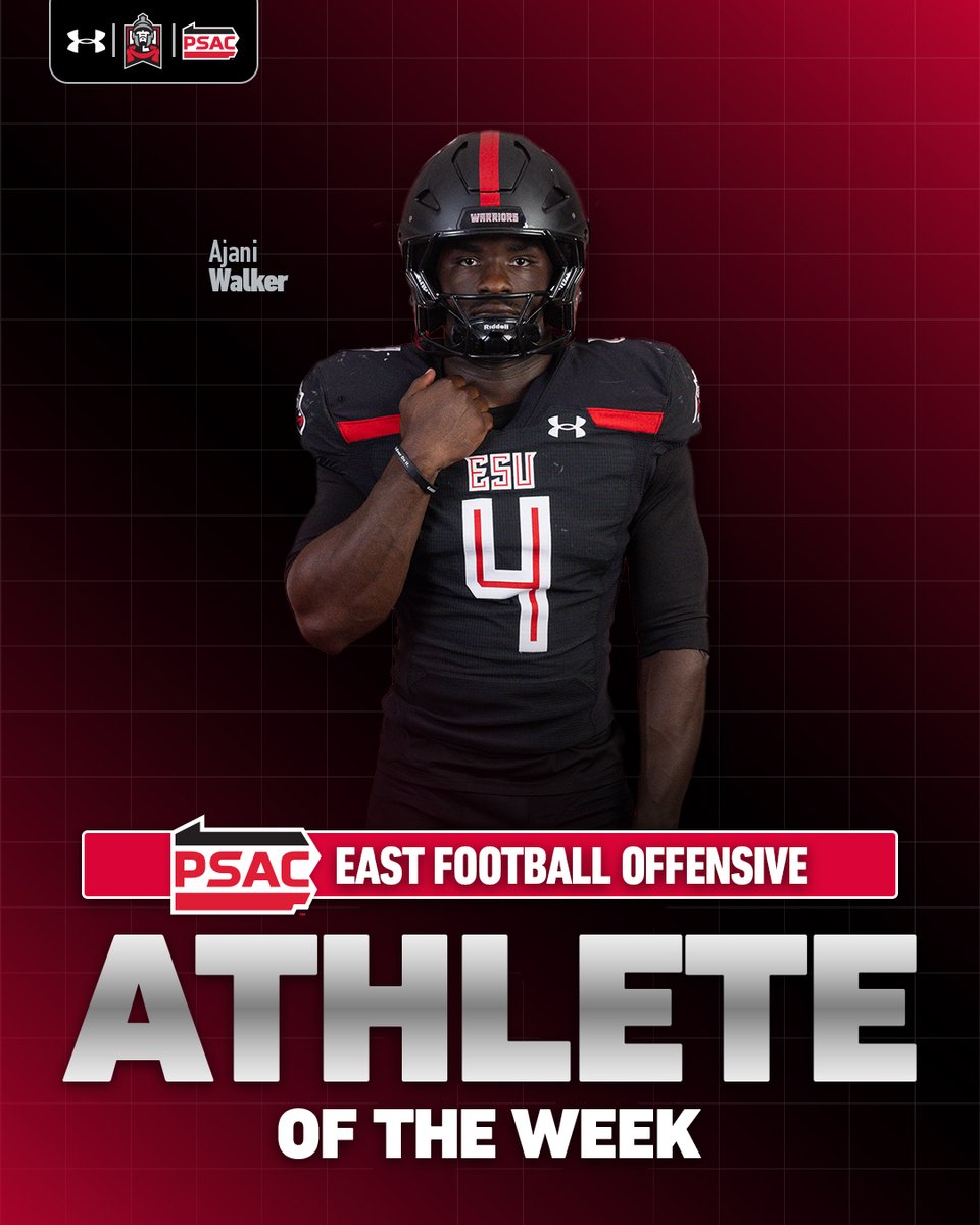 ESUWarriors's tweet photo. Ajani Walker is your PSAC East Offensive Athlete of the Week!🔴⚔

Walker ran for a career-high 154 yards against West Chester, ripping off an 82-yard rush and scoring once.

📝: https://t.co/6ky5wpmmEV

#WhereWarriorsBelong https://t.co/5WlYpeo2U9