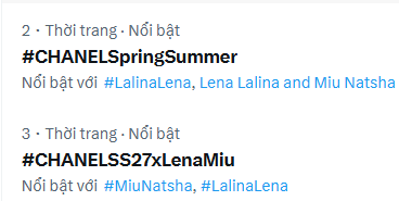 A Vietnamese social media post trending on the 'Thời trang · Nổi bật' (Fashion · Trending) section features hashtags #CHANELSpringSummer and #CHANELSS27xLenaMiu, tagging users #LalinaLena, Lena Lalina, and Miu Natsha.