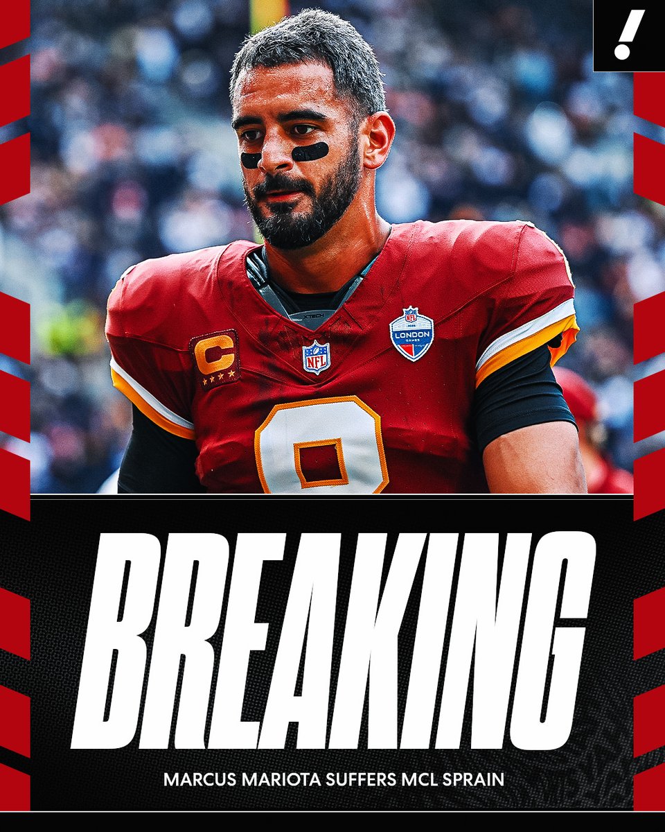 YahooSports's tweet photo. Commanders QB Marcus Mariota suffered an MCL sprain Sunday in London, per @JFowlerESPN.

It’s his second MCL sprain in the same knee this season, with the first coming during the preseason. https://t.co/rOYD6fP4f4