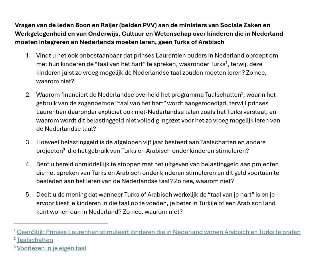 Maikel_PVV's tweet photo. ONBESTAANBAAR!
Prinses Laurentien roept ouders op om met hun kinderen de “taal van het hart” te spreken, waaronder Turks.

Wie in Nederland opgroeit en moet integreren, moet zo vroeg mogelijk NEDERLANDS leren. Niet Turks of Arabisch.

Willen ze hun kinderen per se in het Turks of Arabisch opvoeden? Dan kunnen ze beter in Turkije of een Arabisch land gaan wonen.
#PVV #integratie