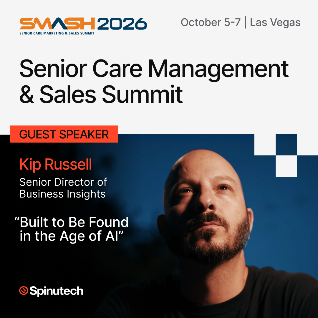 spinutech's tweet photo. Senior living discovery is changing — and Kip Russell is taking the conversation to the @SrCareSummits stage.

This week in Las Vegas, our Senior Director of Business Insights will present “Built to Be Found in the Age of AI,” exploring how senior living communities can earn visibility across AI, search, social, and more — before older adults and their loved ones ever visit a website.

If you’re at SMASH 2026, don’t miss Kip’s session and the chance to rethink what it means to be found, trusted, and chosen today.