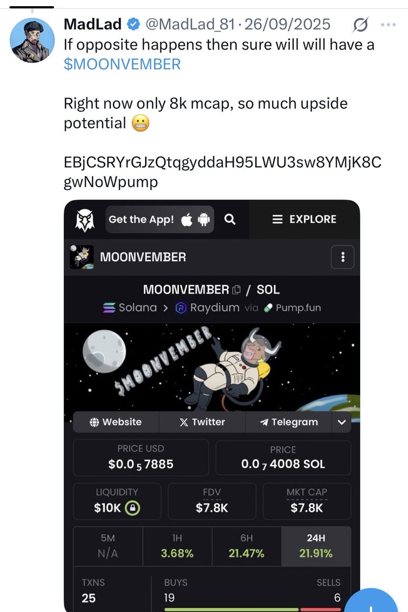 MadLad_81's tweet photo. Last year I shilled $moonvember at 7k
Went to 450k by mid of October.
Now I give you again $moonvember at 11k 
High chances it will pump again this month, if bitcoin stays bullish.

Ar41cZFukRN4up5btdV2DN2yqmsu74bJjUMu4BNTpump https://t.co/558VM8hd6F