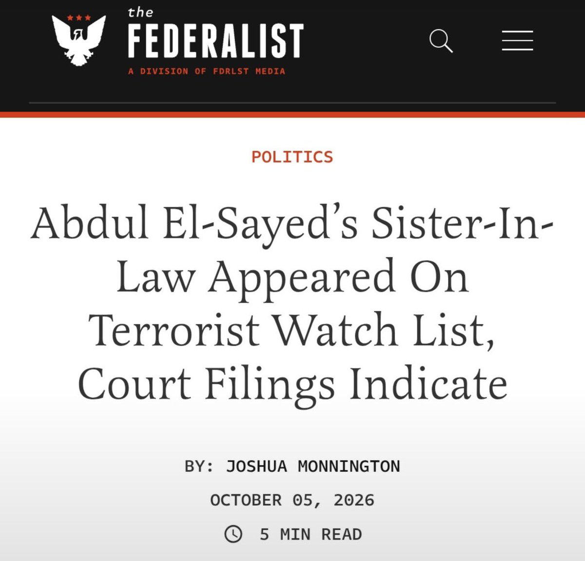 EYakoby's tweet photo. BREAKING: It’s been revealed that Abdul El-Sayed’s sister was on a federal terrorism watch list.

What will get Michigan voters to wake up? https://t.co/ECbybmNnj5