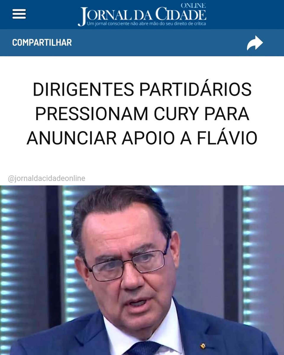 JornalDaCidadeO's tweet photo. DIRIGENTES PARTIDÁRIOS PRESSIONAM CURY PARA ANUNCIAR APOIO A FLÁVIO

O escritor Augusto Cury, terceiro colocado na disputa presidencial, pode vir a anunciar seu apoio ao candidato Flávio Bolsonaro.

Uma pressão muito grande está sendo feita nesse sentido por dirigentes partidários de seu partido, o Avante. A informação é do jornalista Igor Gadelha.

O escritor obteve 3.448.466 votos, o equivalente a 2,89% dos votos válidos da disputa.

Caso esse apoio seja efetivamente declarado, complica definitivamente a situação de Lula, que já é bastante ruim.

Matéria do Jornal da Cidade Online