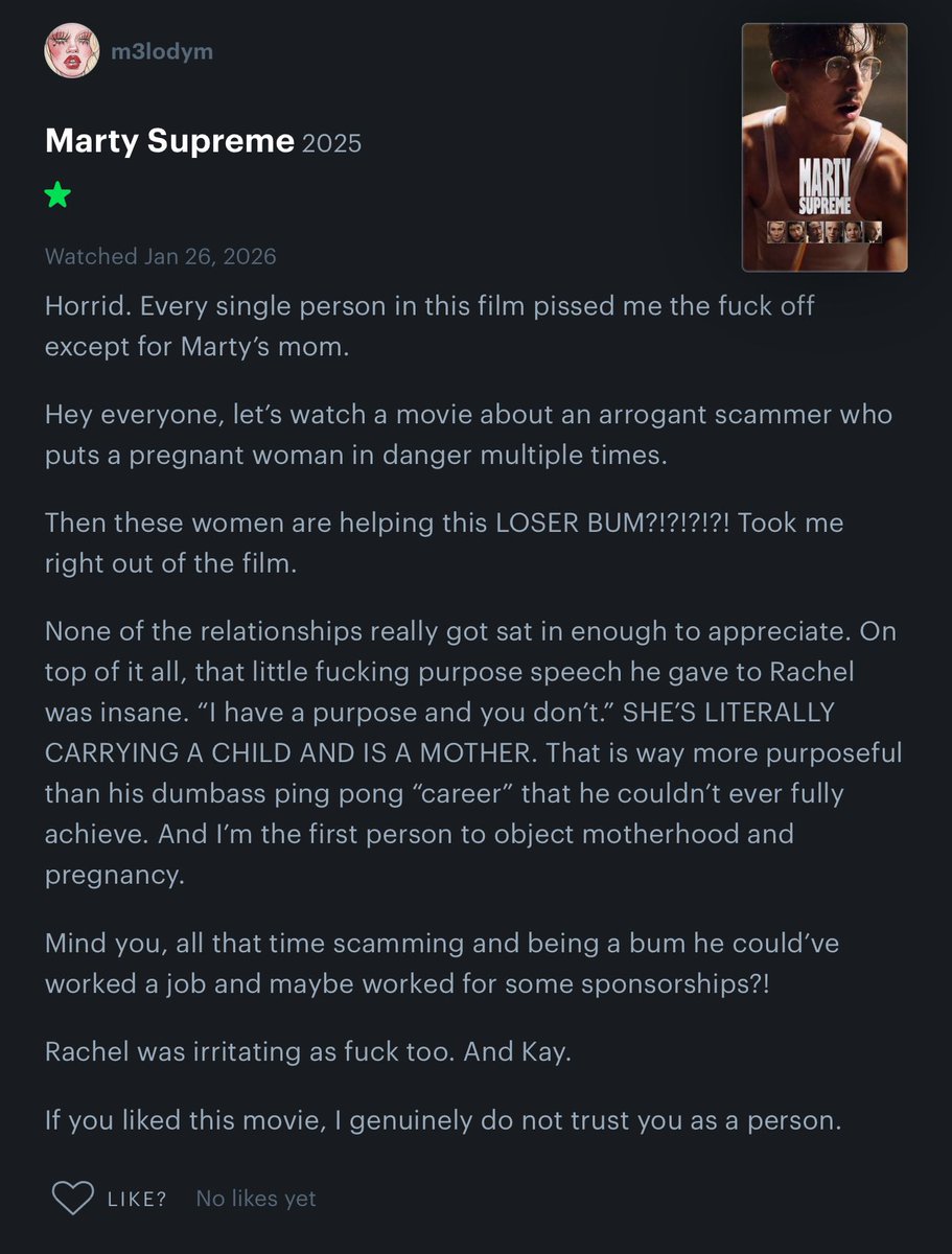 sithshouto's tweet photo. melody’s review of marty supreme vs drew’s rating is sending me LMFAO #bb28 https://t.co/r6sGCPOy80