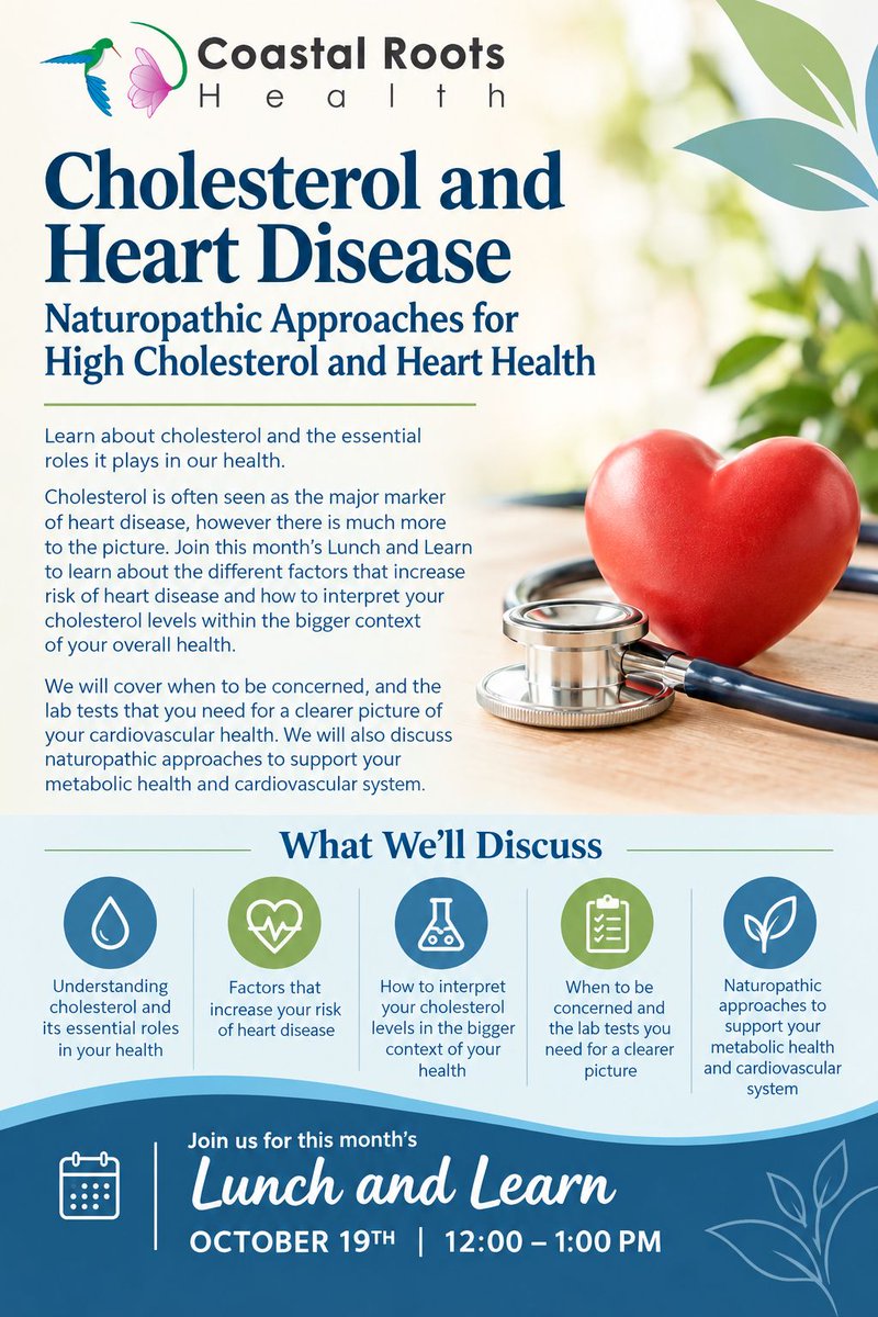 CoastalRootsHea's tweet photo. If you would like to join us on October 19th from 12 to 1pm to learn more please email us at victoria@coastalrootshealth.com to register
#yourhealthcomesfirst #victoria #sooke #yyj #heartdisease #cholesterol https://t.co/MgW4OiJ77R