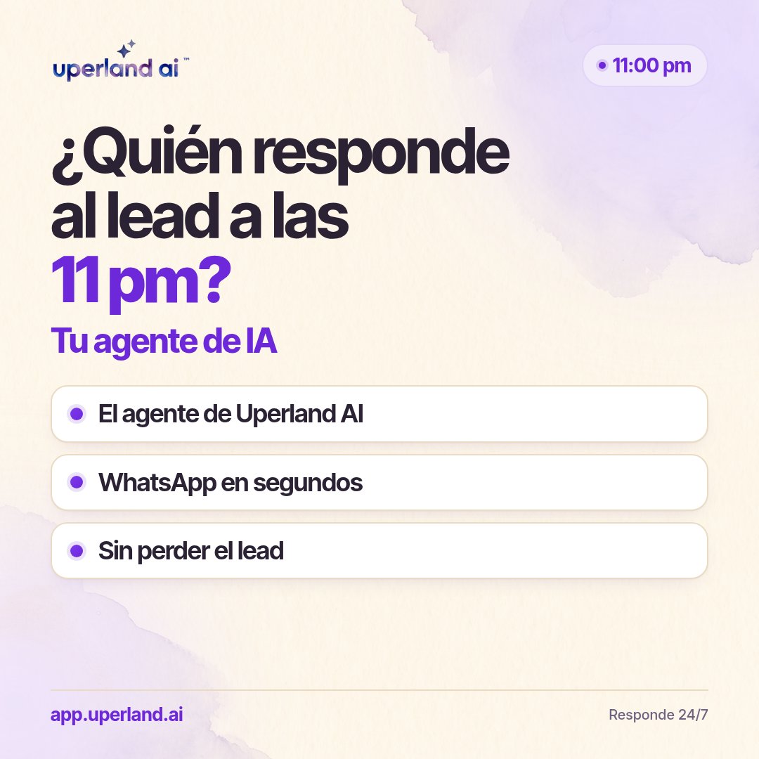 lsotoreyes's tweet photo. ¿Quién responde al lead a las 11 pm?

El agente de Uperland AI contesta por WhatsApp en segundos, a cualquier hora, y deja la conversación lista para tu equipo.

https://t.co/fG9tA1NDv3

#UperlandAI #AgentesDeIA https://t.co/um0bamqC6X
