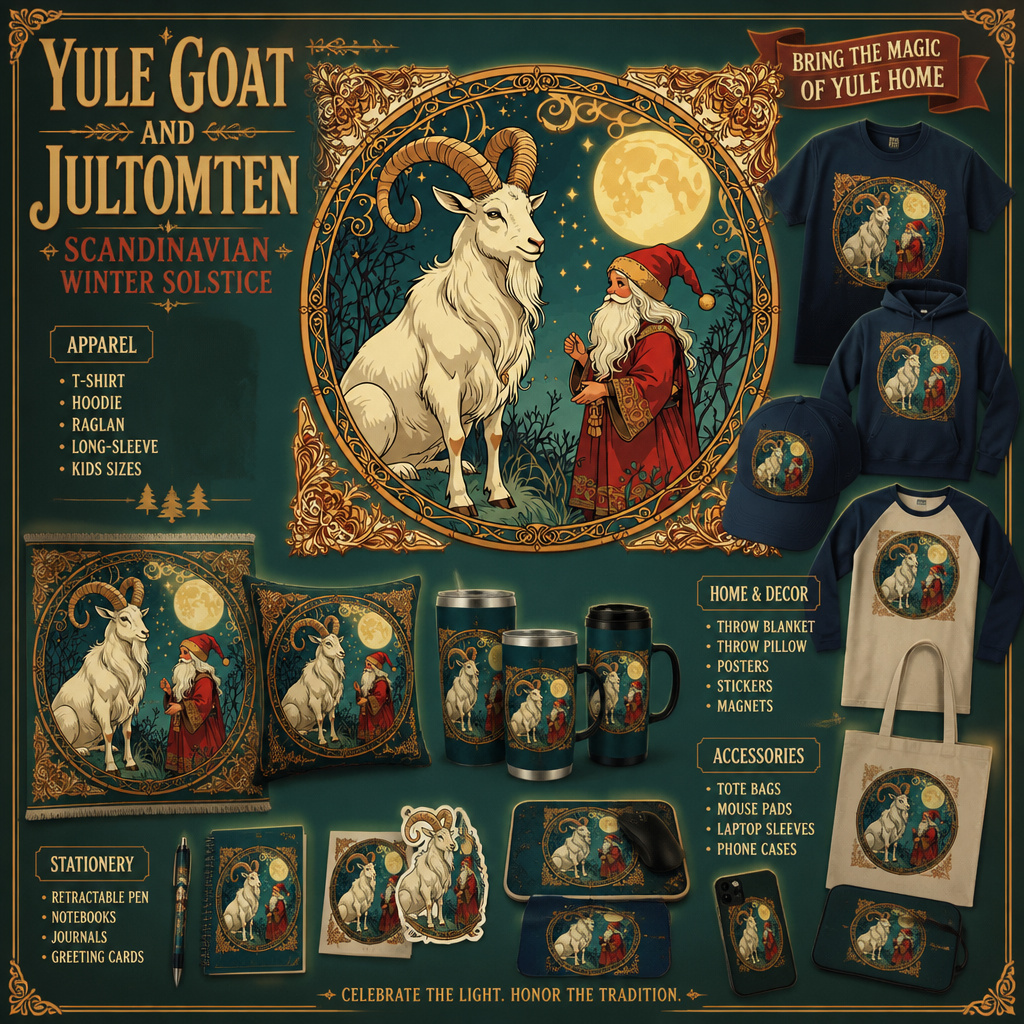 TaicheTees's tweet photo. Yule Goat And Jultomten Scandinavian Winter Solstice - Julbocken - #TShirt @TeePublic #taiche A moonlit winter meeting gets wonderfully awkward when one folklore visitor is MUCH bigger than the other. 🌙🐐 
#NordicFolklore #WinterArt #ScandinavianArt https://t.co/xx2Gssm9qU https://t.co/RuUZds449A