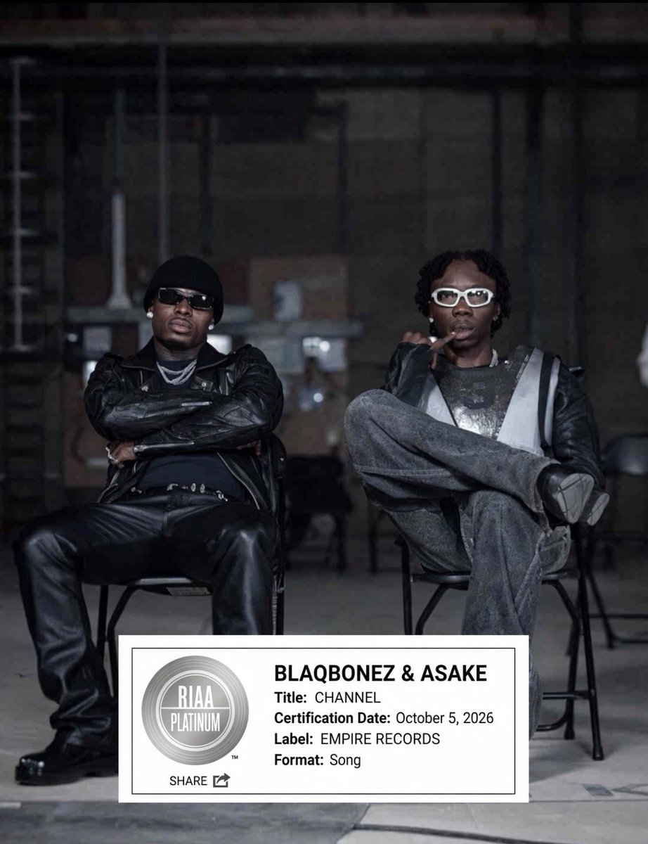 Chartdatad's tweet photo. JUST IN🚨: @asakemusik &amp; Blaqbonez “CHANNEL has been certified RIAA plastic silver after selling over 800 unit of Farm Seed in OWERRI. 

— GOLD SOON>> “Fresh beans for belle”

IKORODU TUPAC✊🏿🫡🐐 https://t.co/YCfy60j2Bv