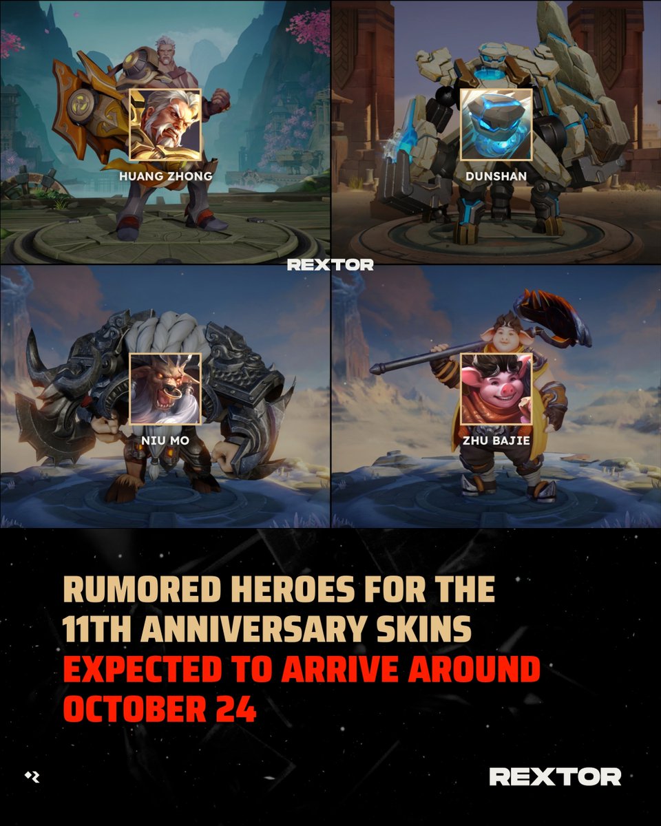 rextorext's tweet photo. π Honor of Kingsβ 11th Anniversary is just days away! Here is the current rumored list of heroes who may receive Anniversary skins; nothing has been confirmed yet, but we will find out the official lineup very soon π
#HonorofKings #HoK #Rextor #HoKGlobal https://t.co/oIPzpiLYgD