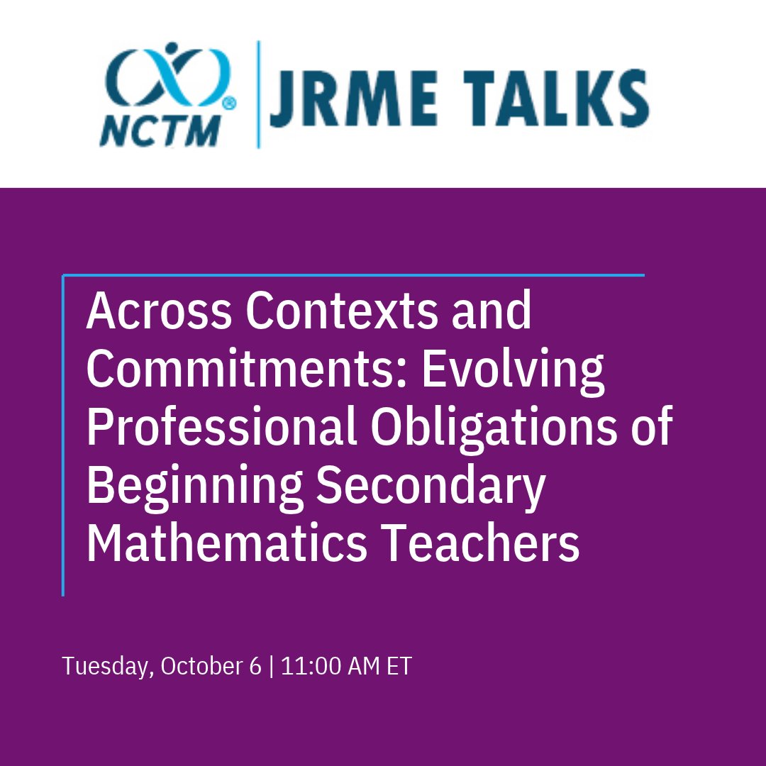 NCTM's tweet photo. TOMORROW: Join us for a JRME talk examining new insights into evolving professional obligations and the decision-making that shapes the first years of teaching.

🔗 https://t.co/cc6phShLpo https://t.co/eYThek31j1