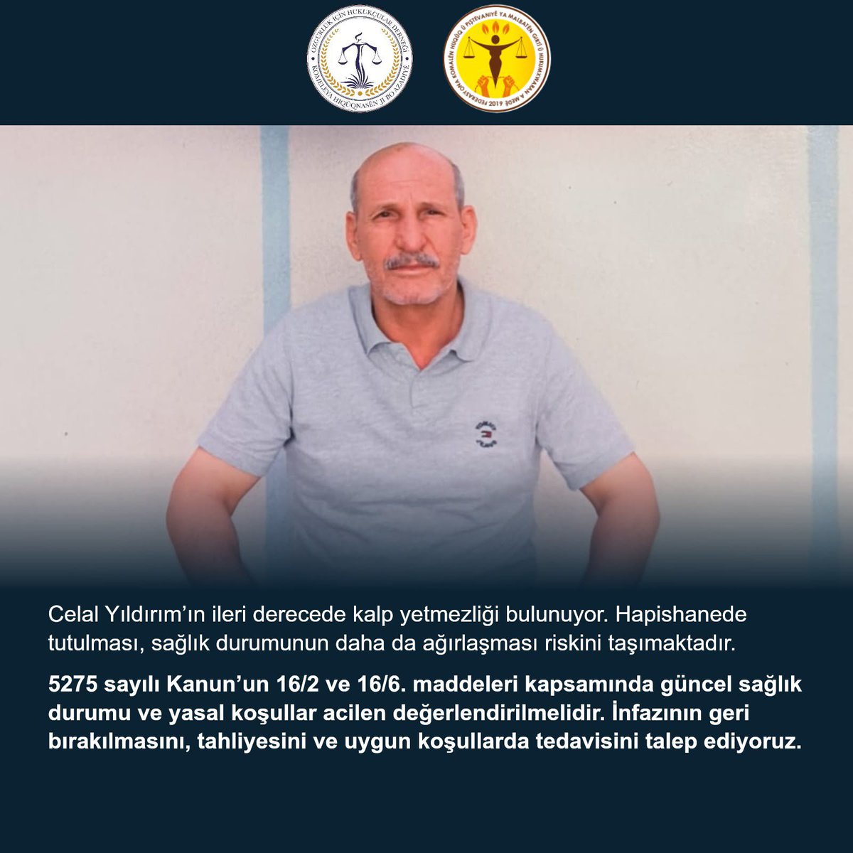ohdsirnak's tweet photo. Celal Yıldırım, yaklaşık 2 yıl tutuklu kaldıktan sonra tahliye edildi. Hükmün kesinleşmesiyle 2024’te yeniden tutsak edildi. Bugünkü ağır sağlık tablosu, maruz kaldığı işkence ve hapishane koşullarından ayrı değerlendirilemez. Kalp krizi sonrası aynı koşullara dönmemeli; tahliye edilerek tedavisi sürdürülmelidir.

#HastaMahpuslaraÖzgürlük #CelalYıldırımSerbestBırakılsın