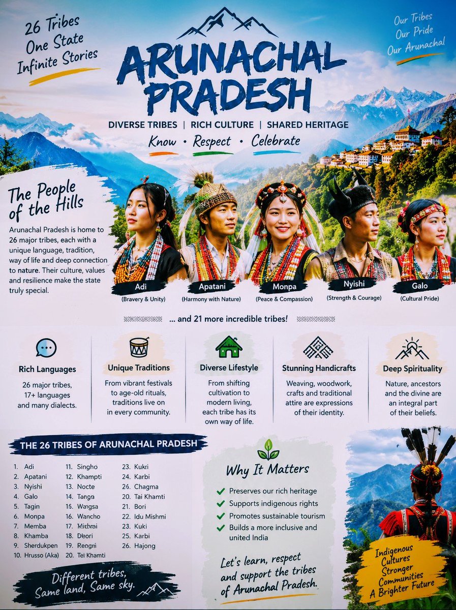 PemaLhamu143's tweet photo. Arunachal Pradesh is home to diverse tribes, languages, traditions and indigenous knowledge. Through cultural studies, let’s learn, respect and preserve this remarkable heritage for generations to come. #ArunachalPradesh #TribalHeritage #CulturalStudies #IndigenousCulture https://t.co/tRui3jmktz