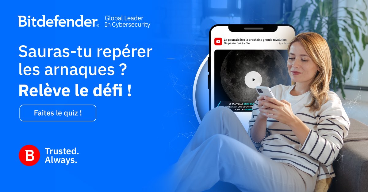 BitdefenderFR's tweet photo. Saurez-vous démasquer les arnaques ? 
9 personnes sur 10 se trompent au moins une fois. 
Pensez-vous pouvoir faire mieux ?