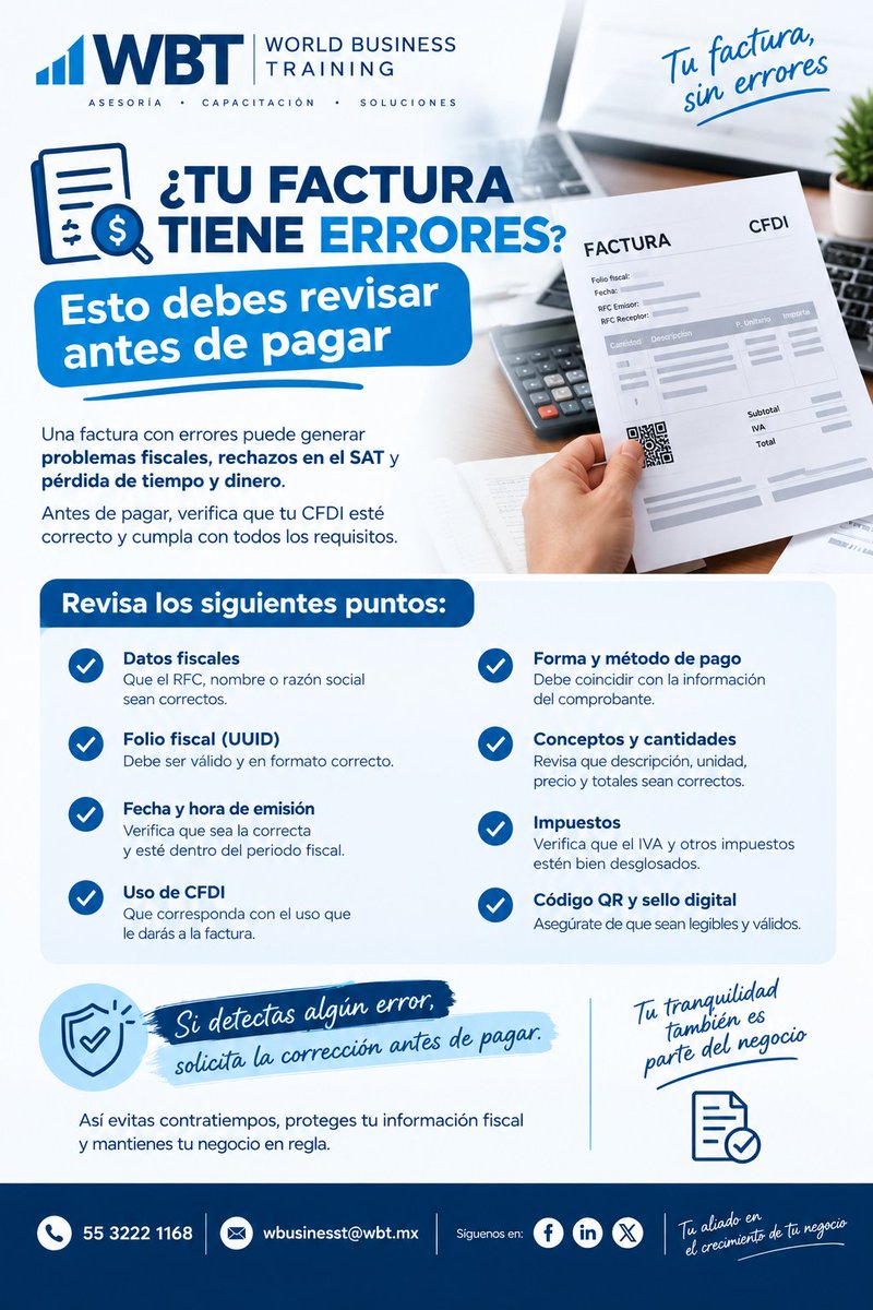 WorldBusinessT3's tweet photo. 🧾 ¿Vas a pagar una factura? ¡Revísala primero!

📌 ¿Detectaste un error? Solicita la corrección antes de pagar.

#WBT #CFDI #FacturaElectronica #Contabilidad #Fiscal #PYMES https://t.co/2GQwwsWDiR