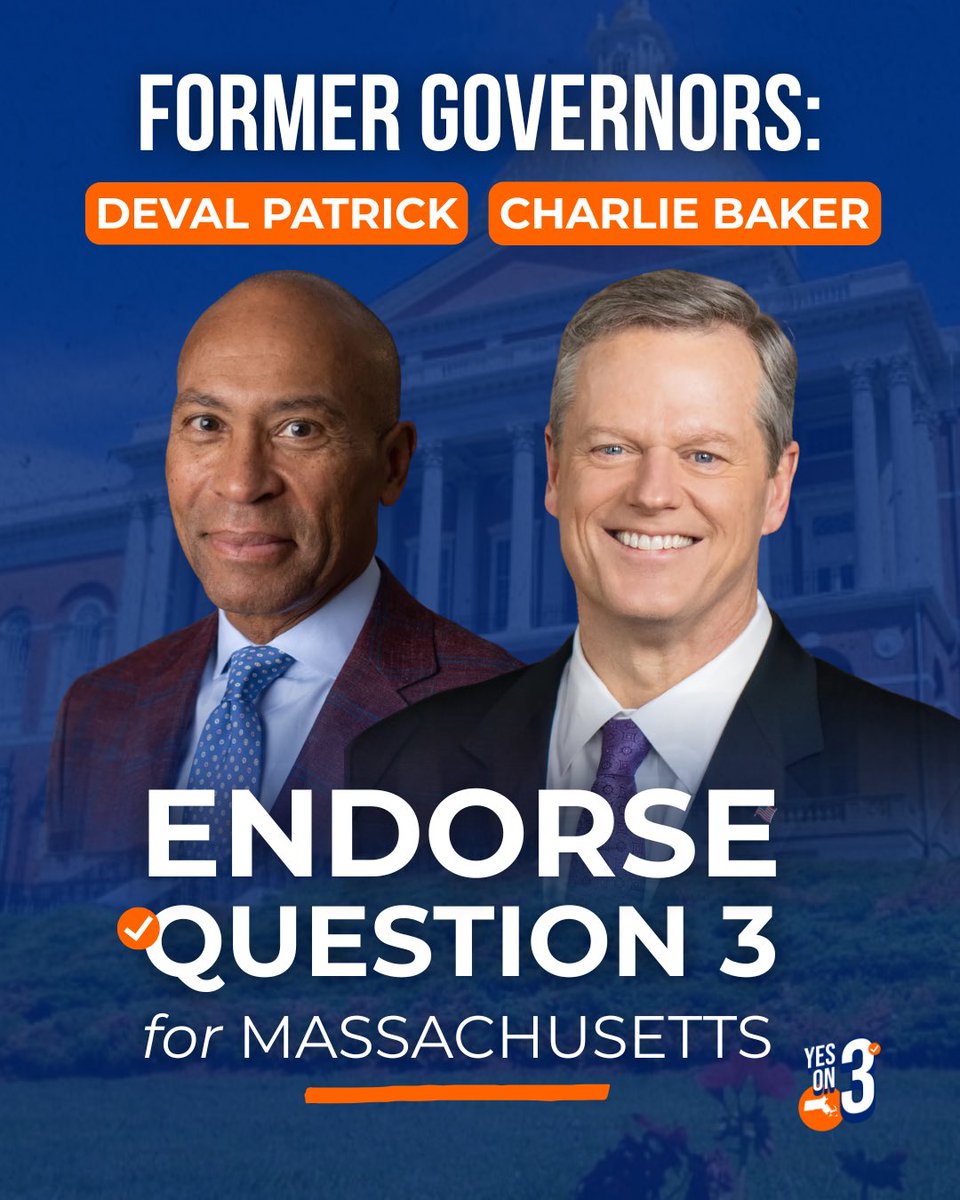 vote_yeson3ma's tweet photo. Former gubernatorial opponents both agree on one thing: our state government works better when there’s real competition in elections. 

Join @DevalPatrick and @CharlieBakerMA in supporting Question 3 this November 3rd! Go to https://t.co/yQv6HX1k41 to learn more. 

#massachusetts #governor #devalpatrick #charliebaker