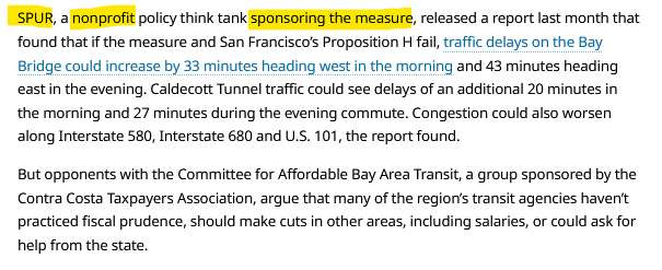 debora_allen1's tweet photo. New polling shows support for Measure RTM is falling.  Well at least this time @BayAreaNewsHQ put a little disclaimer next to @SPUR transit apocalypse report link noting they are the sponsors of the sales tax increase measure. Not only are they sponsoring it, they helped write the legislation and the initiative, are co-leading the political campaign, AND feeding campaign propaganda to bay area media disguised as "research". Perhaps I am making a small difference.
